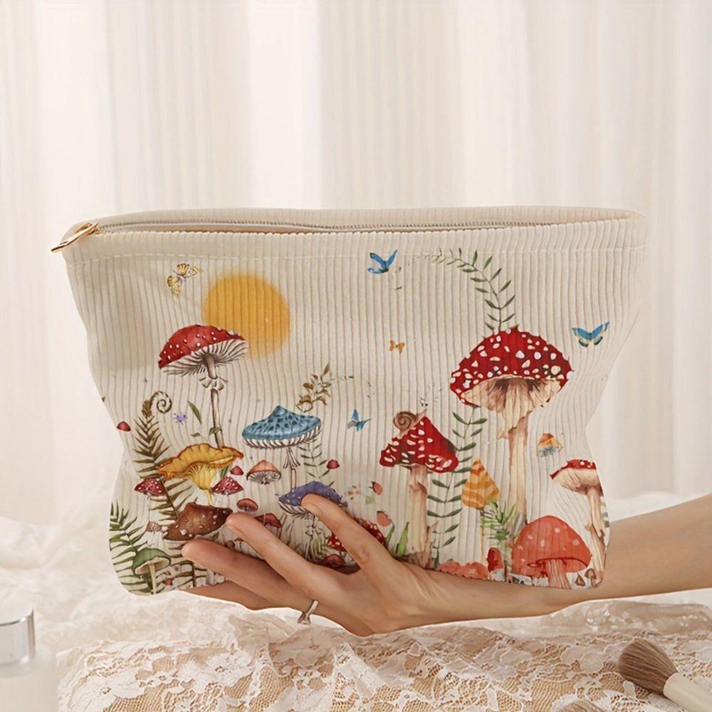 New Mushroom Print Cosmetic Bag Zipper Corduroy Storage Bag Large Capacity Coin Purse