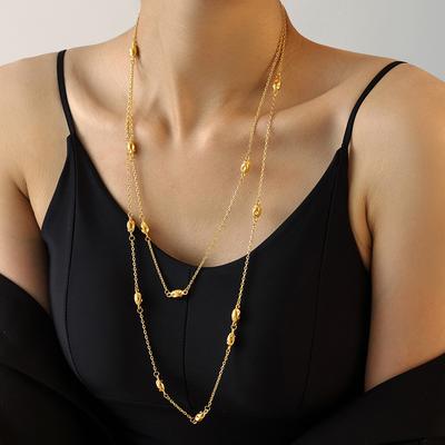 Oval Beaded Long Necklace for Women Stainless Steel Sweater Chain Gold Plated 2 Strings Waterproof Zircon Gift