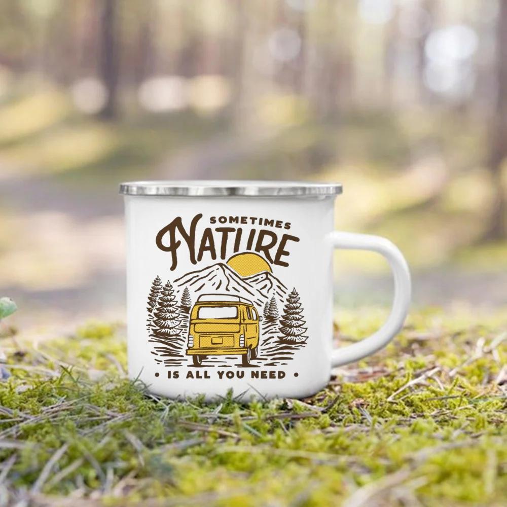 

Sometimes Nature Is All You Need Print Enamel Mugs Camping Coffee Handle Cup Nature Hiking Water Tea Mug Holiday Travel Gift Cup 360ml