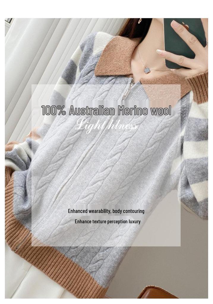 Mengyi Autumn Korean Style Color Block Cable Knit Cardigan for Women