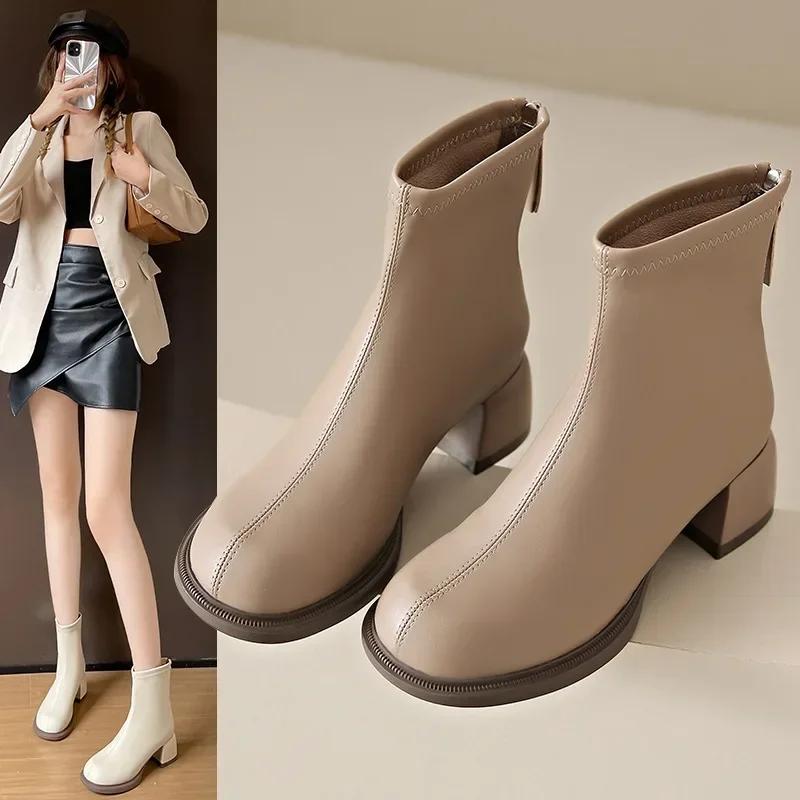 Women's High-heeled Ankle Boots, New Thick Heel Cotton Boots, Fashionable and Comfortable, Back Zipper Anti Slip Short Boots