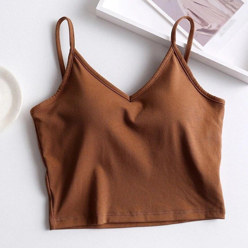 Geripptes Crop-Top für Damen mit V-Ausschnitt, BH-Cami, ärmelloses Tube-Top, Spaghettiträger, Tank-Top, gepolsterte Leibchen-Weste