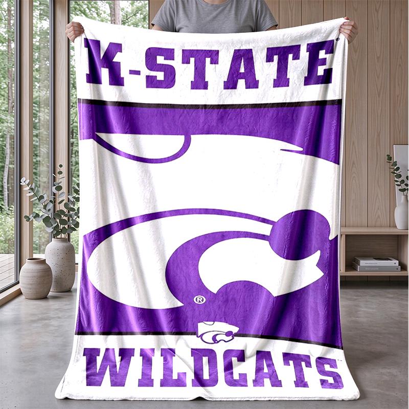 Koc flanelowo-polarowy w stylu sportowym Kansas State Wildcats, przytulny i ciepły koc narzutowy na sofę, łóżko, do podróży, do użytku przez cały rok