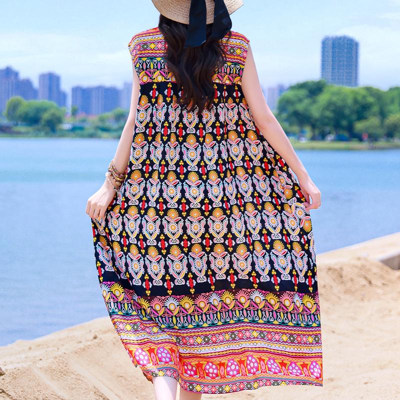 Casual Beach Dresses for Woman Plus Size Loose Vintage Print Long Sleeveless Dress Summer Women's Clothing