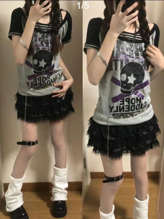 Tricouri cu craniu Punk Imbracaminte de stradă pentru femei Y2k Tricou estetic pentru fetiță Grunge Goth Crop Top Haine subțire de vară Tricou grafic