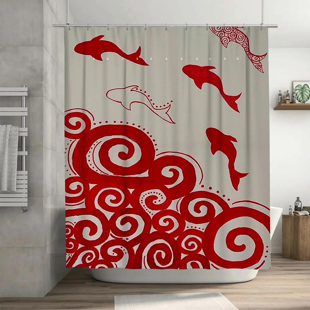 Red and White Geometric Fish Shower Curtain Modern Bathroom Decor for Home Use Waterproof Fabric with Grommets Easy Install Mach