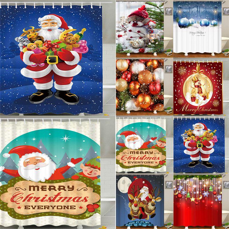 Christmas Curtain Shower With Hook Xmas Bathroom Decoration Santa Claus Snowman