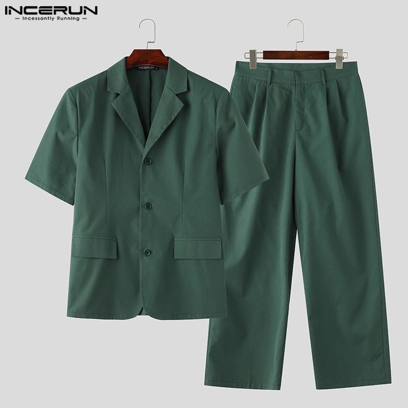 INCERUN Summer 2PCS Men Lapel Short Sleeve Shirts Long Suits Trousers Sets