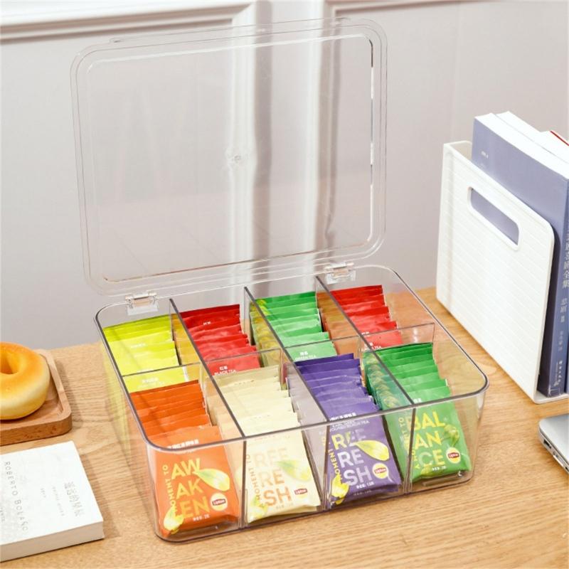 Acrylic Teas Bag Organizer with Lid for Drawer Clear Coffee Storage Box with Multiple Compartments Snacks Holder