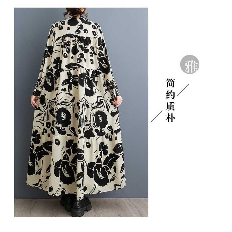 2025 Large Size Round Neck Long Sleeve Loose Big Swing Middle-aged and Elderly Mom Dresses