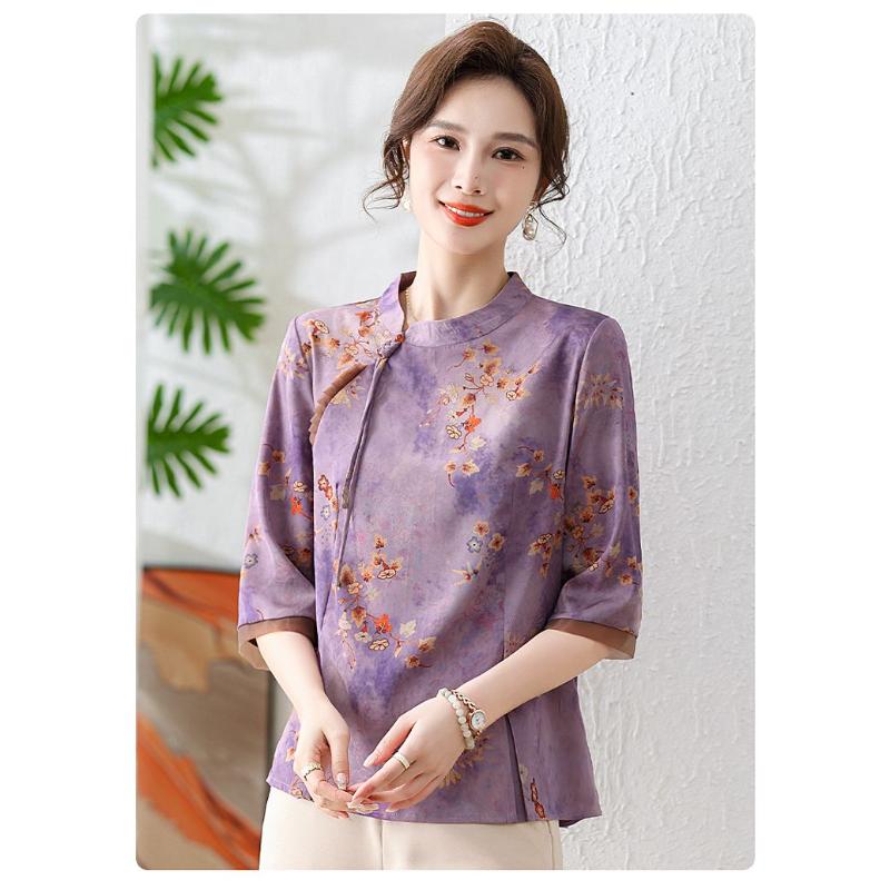 Damen Lila Cheongsam-Stil Bluse Mandarin-Kragen Halbarm Blumenprint Locker Lässig Elegant Seidenähnliches Oberteil