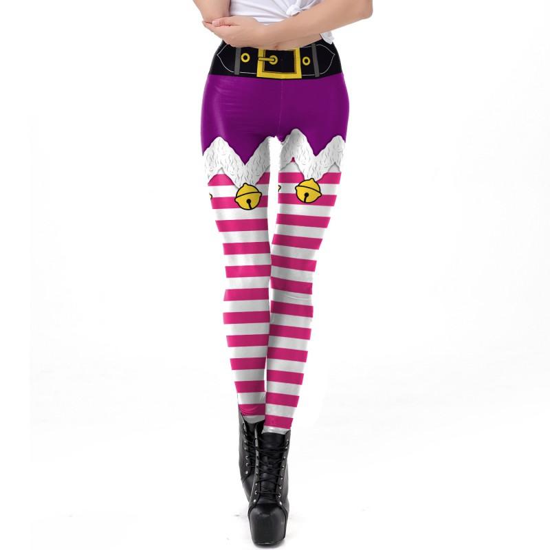 Womens Christmas Striped Print Slim Mid-Rise Leggings Cosplay Bottoms