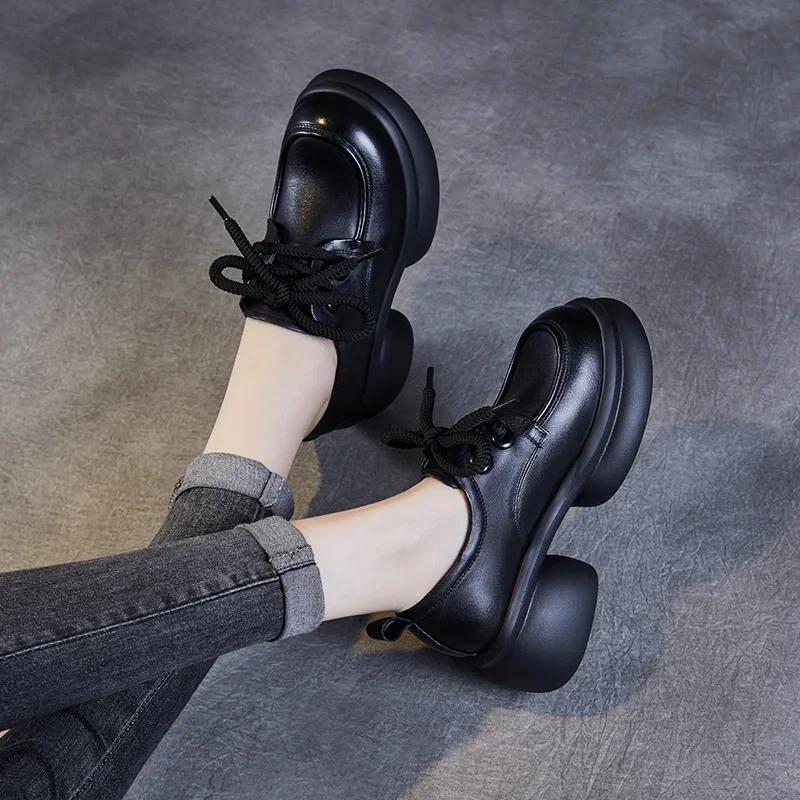 Fashion 6CM Luxury Design Chunky Platform Pumps Women Thick High Heel Genuine Cow Leather Handmade Retro Lace-Up Casual Women Shoes