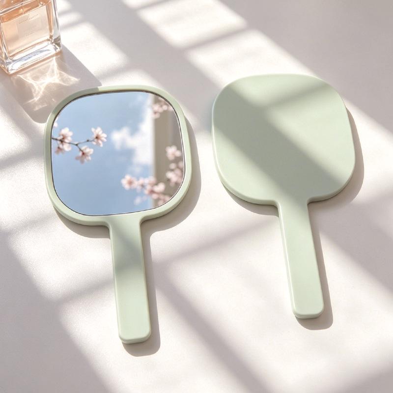 Custom Logo Handheld Makeup Mirror with Round Corners and Plastic Handle