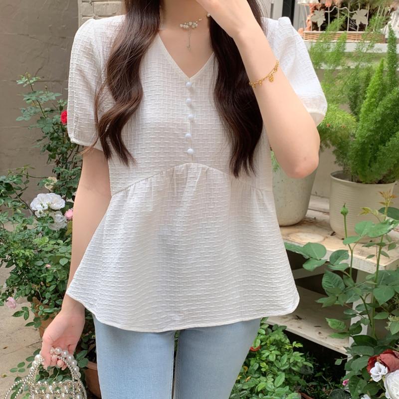 Korean Fashion Summer V Neck Blouse Women 2023 Sweet Short Sleeve Tops Elegant White Pleated Casual Loose Ruffles Shirts 26954