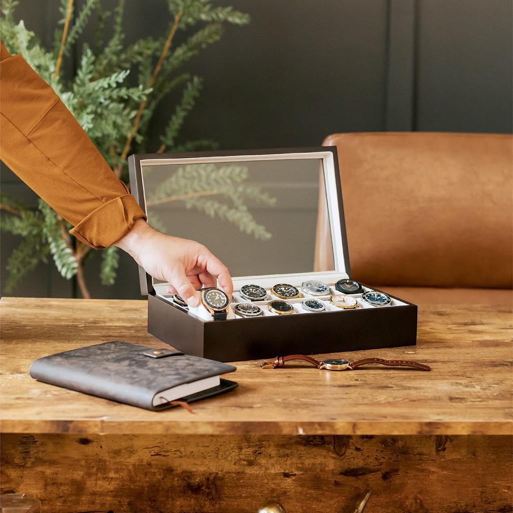 Case Elegance Solid Wood Watch Espresso with Display Collection Watch Organizer Case 12 Case, Color, Glass, Case, Case, 12-Slot Case, (Espresso,