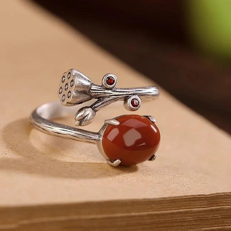 Südlicher Roter Turmal Vintage Ringe Für Frauen Lotusblume Chinesischer Stil Einfachheit Ring Eleganter Klassischer Schmuck