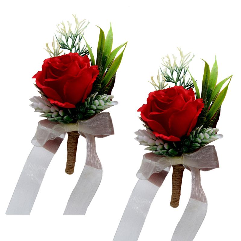 2pcs Artificial Waterproof Flowers Green Plants Corsage Bride Groom Bridesmaid Group Wedding