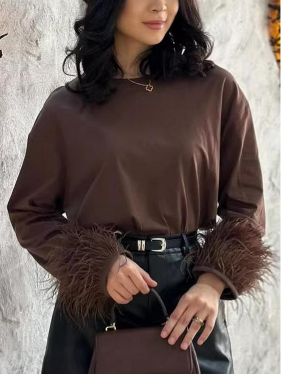 Γυναικείο Μακρυμάνικο T-shirt με Φαρδιές Μανσέτες και Ένθετα Γούνας - Ευρωπαϊκό και Αμερικανικό Στυλ, Συλλογή Άνοιξη 2026