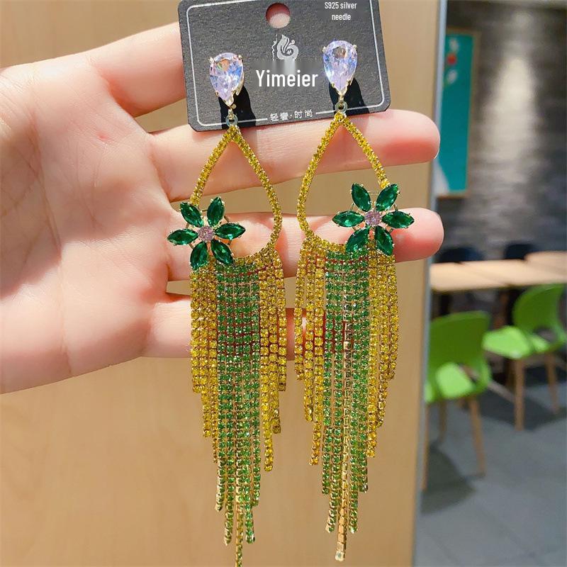 S925 Silver Needle Rhinestone Tassel Earrings - Exquisite Long Claw Chain with Colored Diamonds, European & American Style