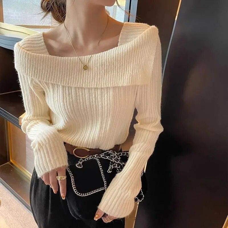 Khaki Slash Neck Pullover Schlank Hotsweet frauen Stricken Pullover Dünne Bodenbildung Shirt Solide Büro Dame Neue Mode Frühling Herbst