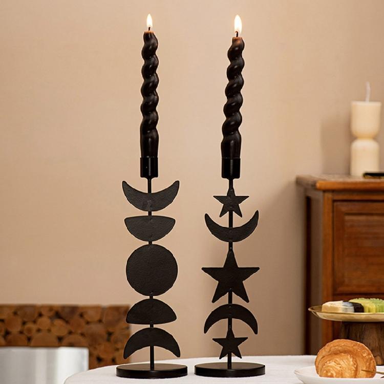 Black Pillar Candle Holder Iron Candlestick Sun Moon Star Metal Candle Stand for Weddings and Festival Table Decoration