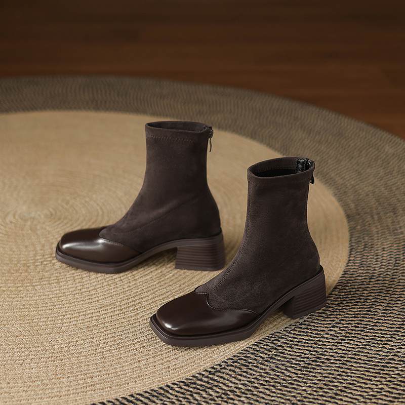 Krazing Pot Microfiber Flock Winter Square Toe Modern Size 33 Boots Size 43 Zipper KPOP Style Fashion Stretch Ankle Boots