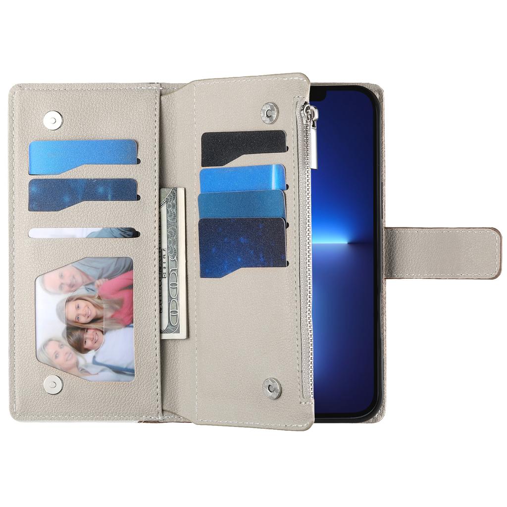 For iPhone 13 Pro Max Case Zipper Pocket Wallet Color Splicing Leather Flip Phone Cover with Straps