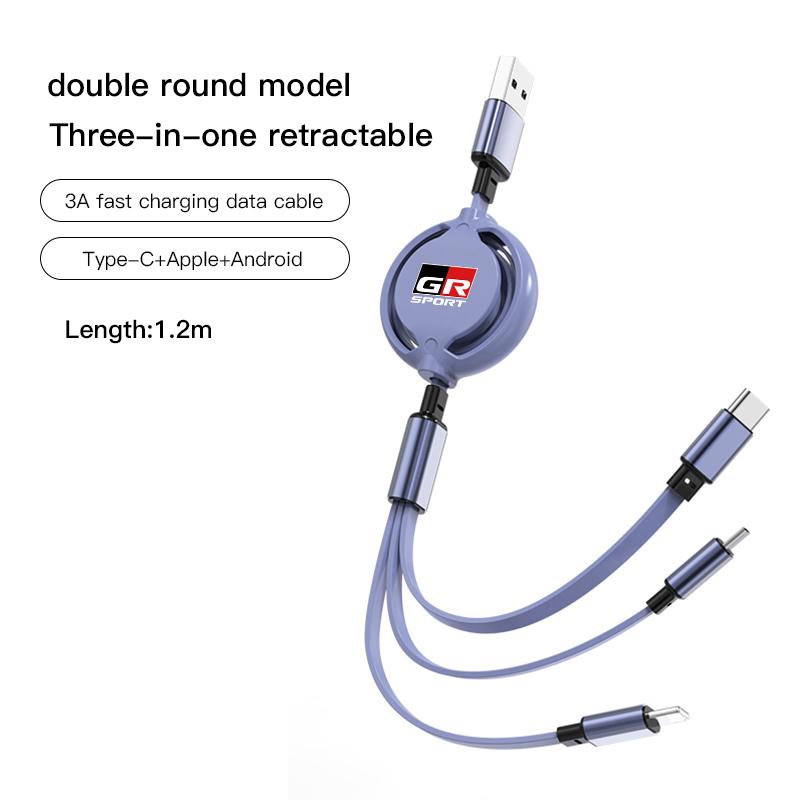 3 In 1 Retractable Mobile Phone Fast Charging Cable For Toyota Corolla Camry Asian Dragon Supra Hilux Land Cruiser GR SPORT TRD