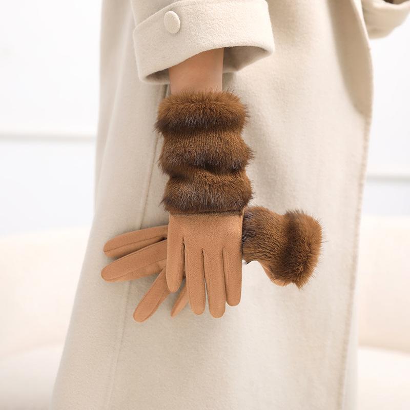 Korean Two-color Imitation Rabbit Fur Gloves Women Imitation Suede Warm Full Finger Gloves Touch Screen Windproof Riding Gloves