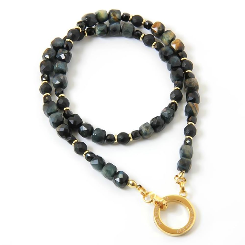 [Kolan Kolan] FORCE 5 Polyhedral Cube Necklace with Dark Blue Tiger Eye Negative Ion Relaxing Stone (Small, approx. 40cm)