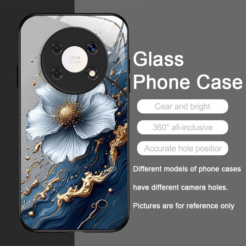 Elegant Lotus Artistic Flower Pattern Tempered Glass Phone Case for Huawei Nova 13 12 SE 11 10 Pro Mate 40 30 P60 P40 5G Covers