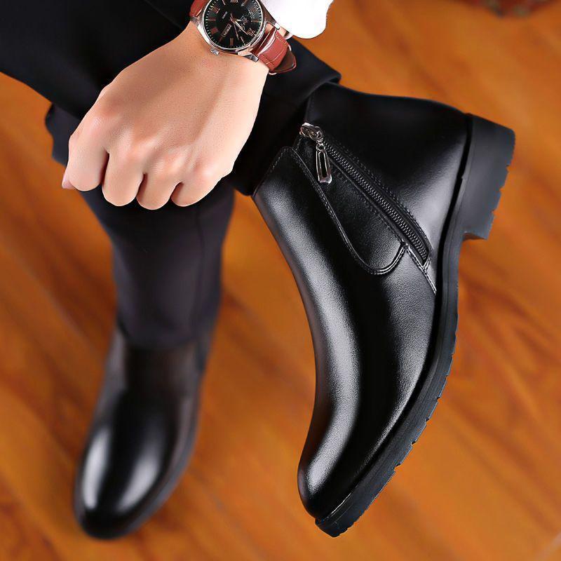 Kožené vlněné zimní nové bavlněné boty pánské sametové zateplené teplé vysoké boty vnitřní výška zvyšující kožené boty