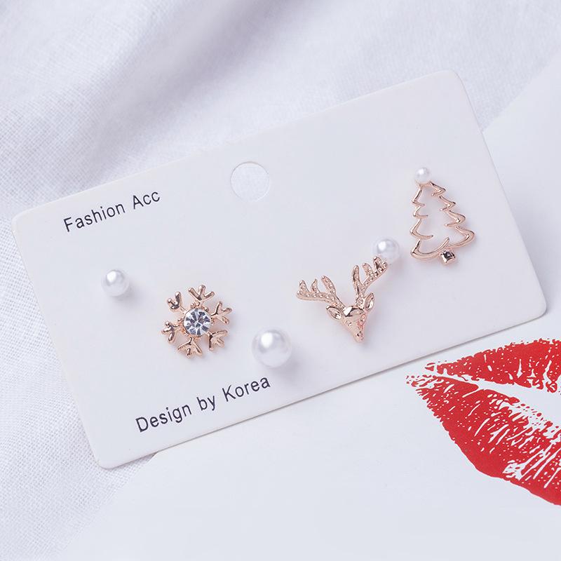 Christmas Snowflake Pearl Elk Stud Earrings Set, Fashion Card Earrings