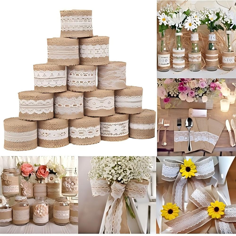 1 Rol 2M×5cm Natuurlijk Jute Linnen Lint, Rustiek Vintage Linnen Kantrand voor Bruiloftsdecoratie, Kerstfeest & Knutselbenodigdheden