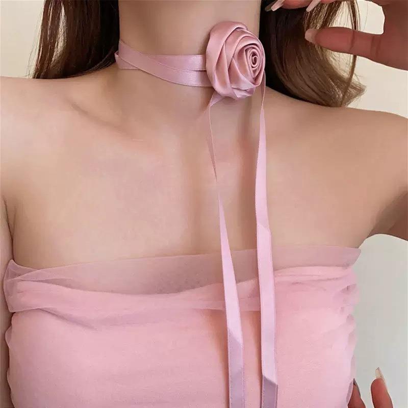 Black and white flower necklace rose choker neck flower neckband necklace female neck collar camellia clavicle chain