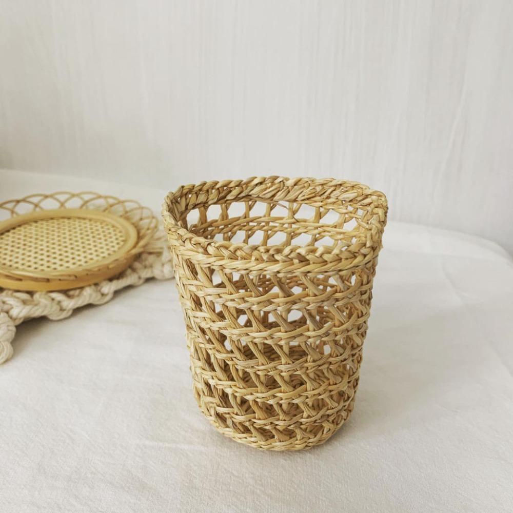 Picnic Props Straw Woven Basket with Handle Tea Cup Cover Practical Storage Basket