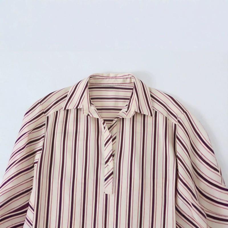Womens Striped Shirt Turn-down Collar Adjustable Sleeve Length Casual Long Blouse