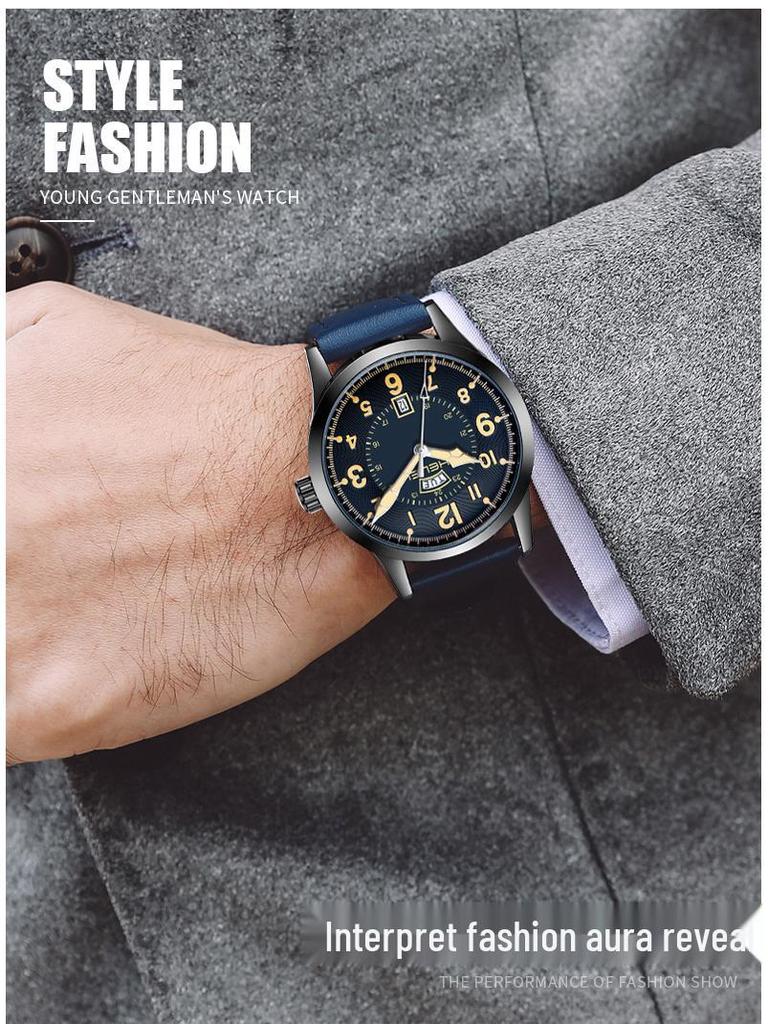 HELEI Wasserdichte Herren-Quarzuhr mit echtem Lederarmband - Modell H9019