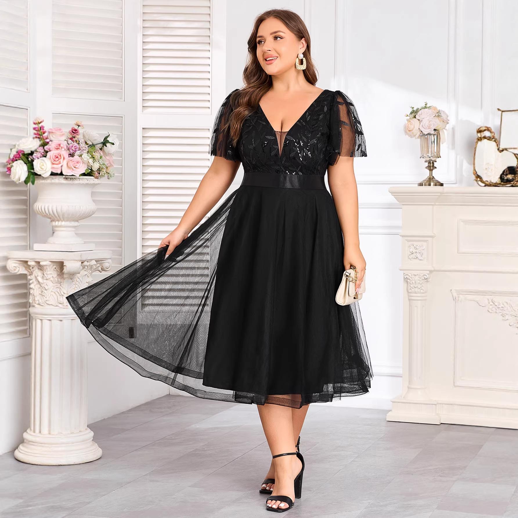 2026 spring and summer cross-border new double V-neck elastic waist mesh short large-size evening dress back zipper dress 1XL чёрный