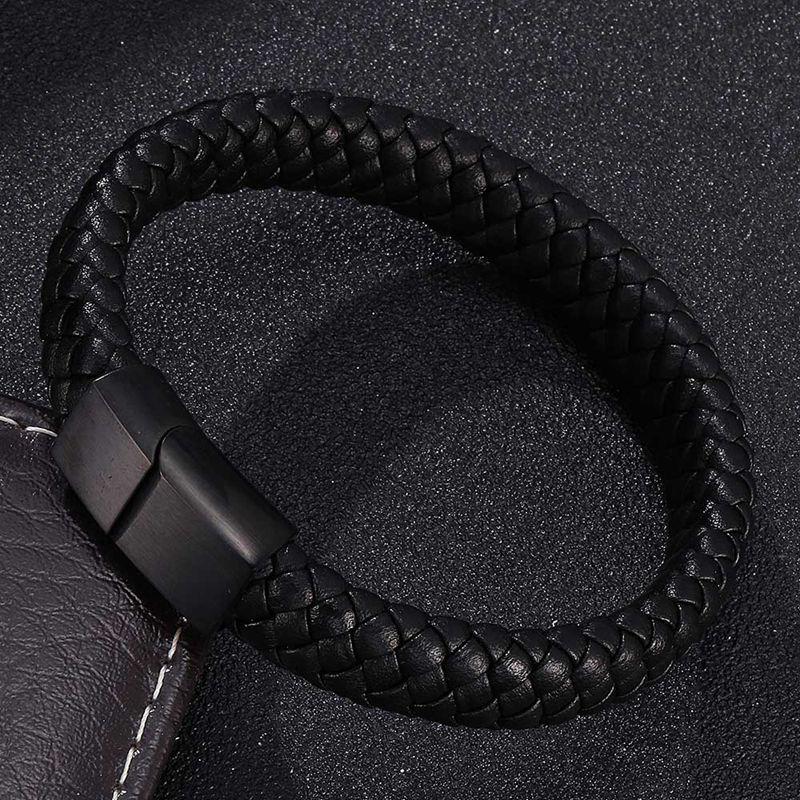 Punk Men Bracelet Bangles Black Brown Leather Bracelet Male Stainless Steel Clasp Fashion Wristband Gift