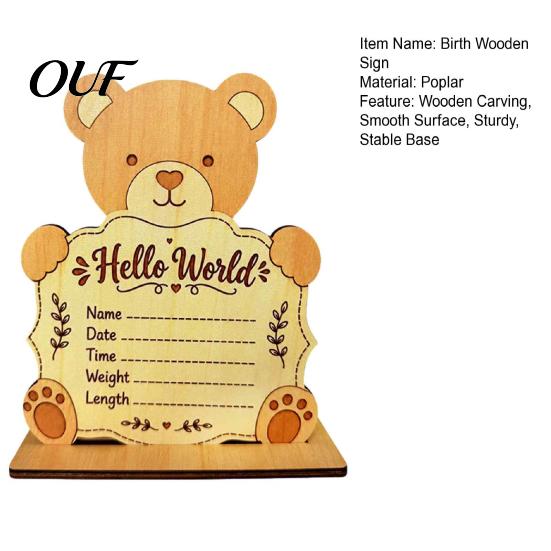 Nursery Shelf Display Sign Wooden Baby Birth Announcement Sign, Cute Bear Hello World Newborn Welcome Statistics Memory Board with Stand, Name Plaques