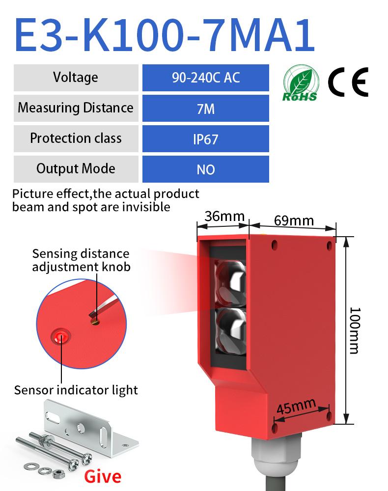 Square Photoelectric Sensor Optic Infrared Switch Diffuse Reflection IP67 Waterproof 24-220V AC DC Universal 7m Distance
