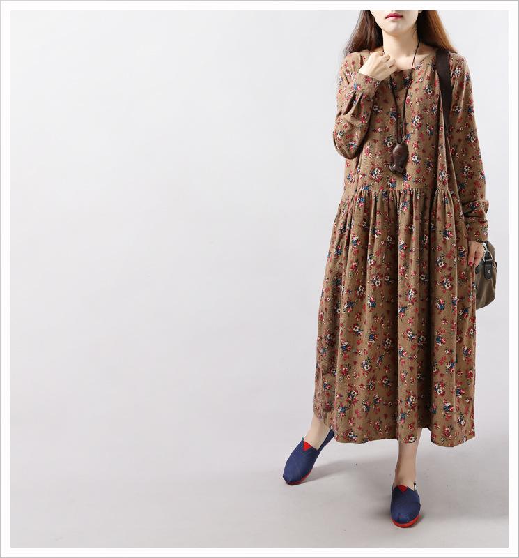 Spring Women's Cotton and Linen Floral Long Sleeved Dress