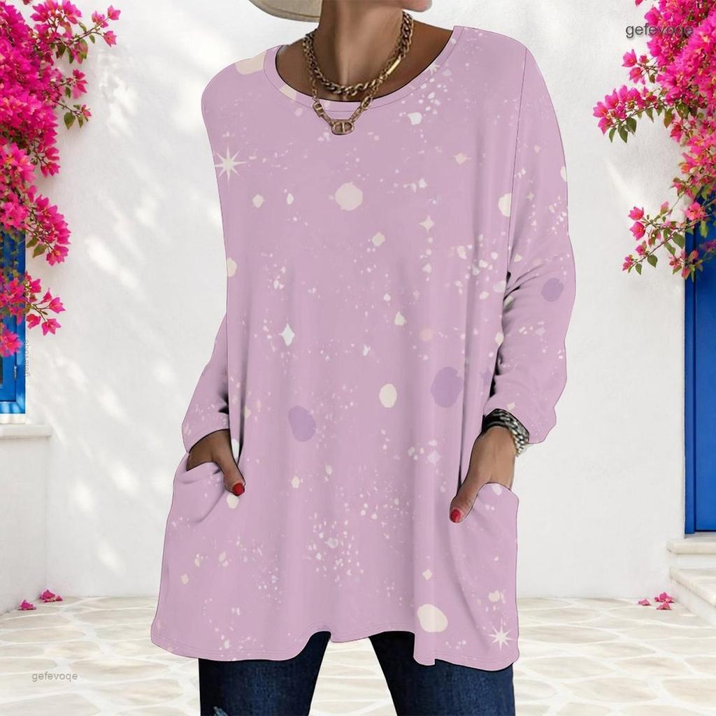 Women Plus Size Round Neck Long Sleeve Printed Light Purple Loose T Shirt With Pockets