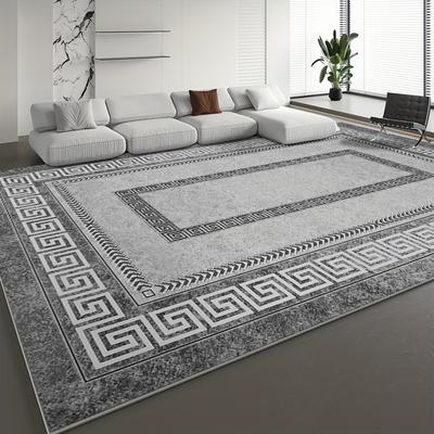 Seven Deer Luxuriöser Grauer Samtbereichsteppich - Weich, Chinesisches Textur-Bordüren-Design, Perfekt für Wohnzimmer, Schlafzimmer, Büro oder Ausstellungshalle