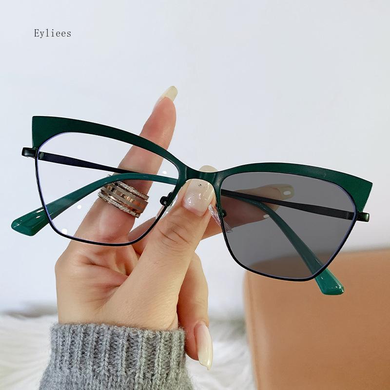 

Photochromic Glasses Lens Material Anti-blue Light Discoloration Flat Light Lens Metal Cat Eye Half-frame Glasses for Women Men