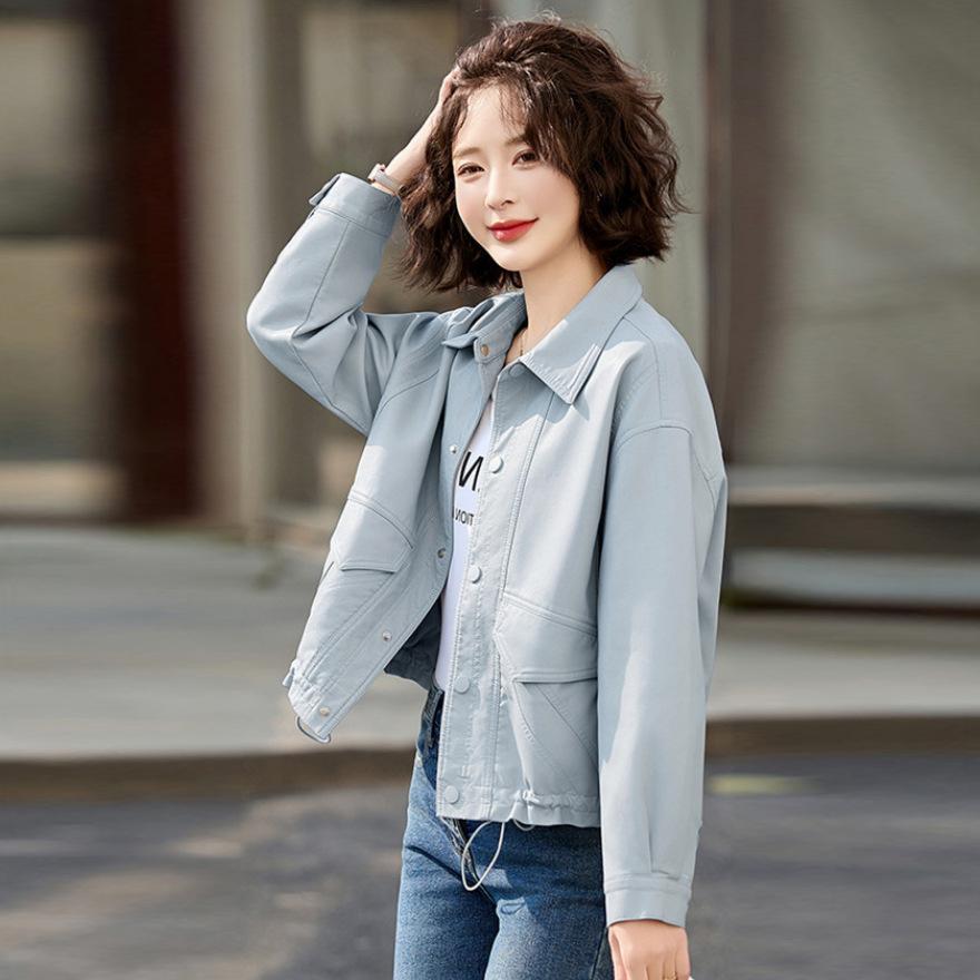 

Модная кожаная куртка женская короткая весна и осень новая популярная красивая топ повседневная свободная мотоциклетная куртка XL синий