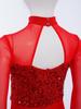 Girls Jazz Dance Jumpsuit: Mock Neck Long Sleeve with Cutout Back & Invisible Zipper, Sheer Mesh Sequins Bodice & Split Bell-Bottoms