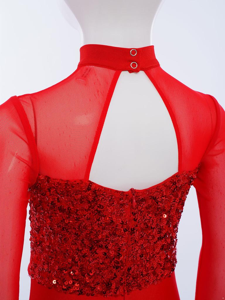 Girls Jazz Dance Jumpsuit: Mock Neck Long Sleeve with Cutout Back & Invisible Zipper, Sheer Mesh Sequins Bodice & Split Bell-Bottoms